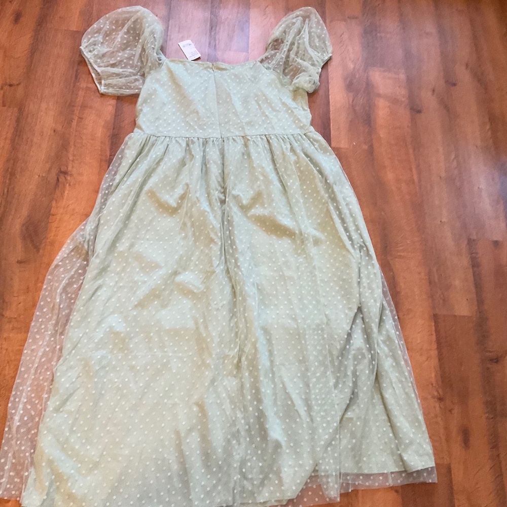 NWT SBETRO Green Sheer Polka Dot Puff Sleeve A-line Dress 3XL‎